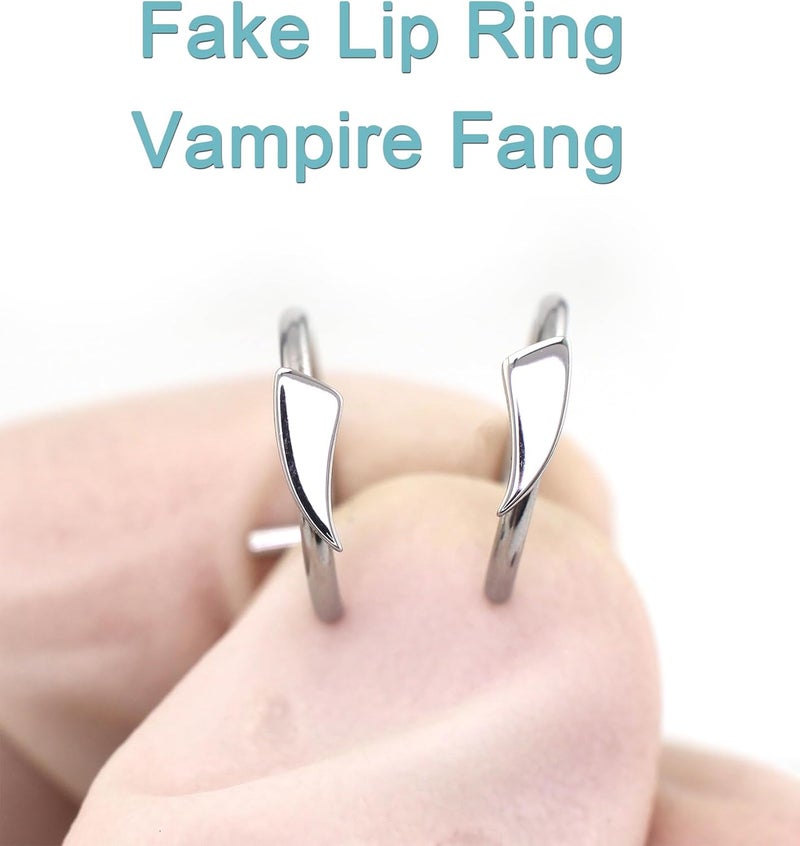 QWALIT Fake Lip Ring Cuffs Fake Nose Face Dermal Piercing Silver Clip on Vampire Teeth Fangs Faux Snake Bites Clip Nose Ring Hoops non Piercing Stick on Stud Jewelry for Halloween Jewelry Women Men - Image 4